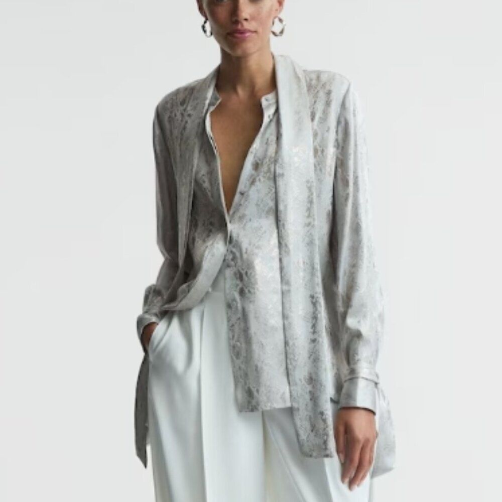 REISS Palma Premium Metallic Removable Tie Detail Blouse – Silver – Size 4 (NWT)